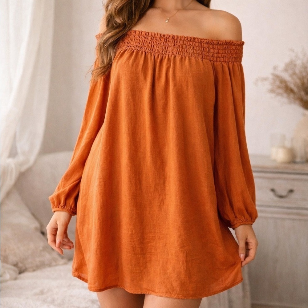 Nasty Gal Rust Orange Off Shoulder Mini Dress Long Sleeve Smocked Boho S Festive
